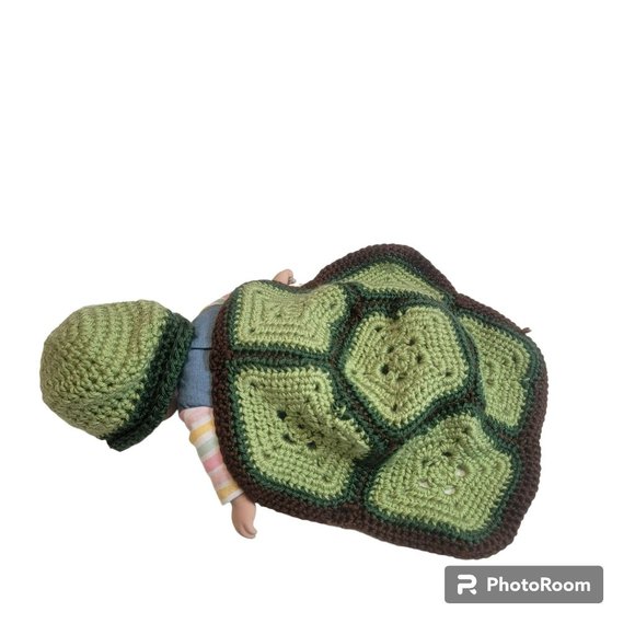 Crochett Turtle Costume, Newborn Baby,  Green w/Brown Trim, Hat & Cover - Picture 2 of 11